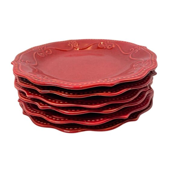 The Pioneer Woman Vintage Red Scalloped Stoneware Plates Set Of 6 Diameter 8" - Picture 2 of 9